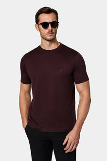 Koyu Bordo Bisiklet Yaka Regular Fit Nak??l? Pamuk Merserize Basic T-shirt-Abdullah Ki??l?