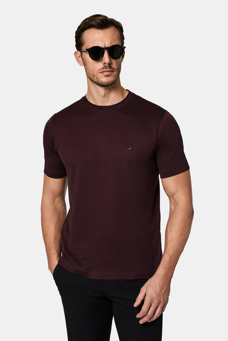 Koyu Bordo Bisiklet Yaka Regular Fit Nak??l? Pamuk Merserize Basic T-shirt-Abdullah Ki??l?