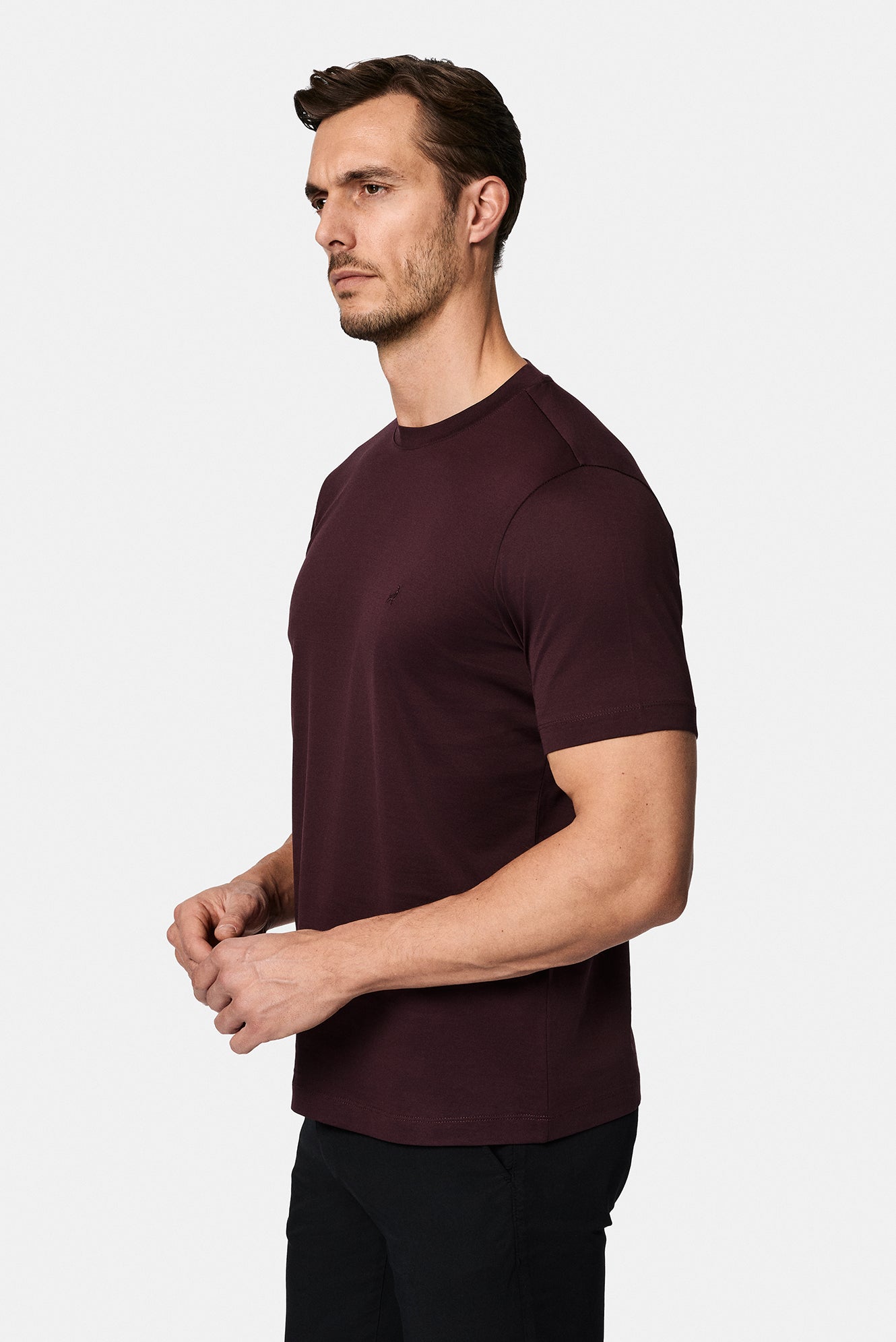 Koyu Bordo Bisiklet Yaka Regular Fit Nak??l? Pamuk Merserize Basic T-shirt-Abdullah Ki??l?
