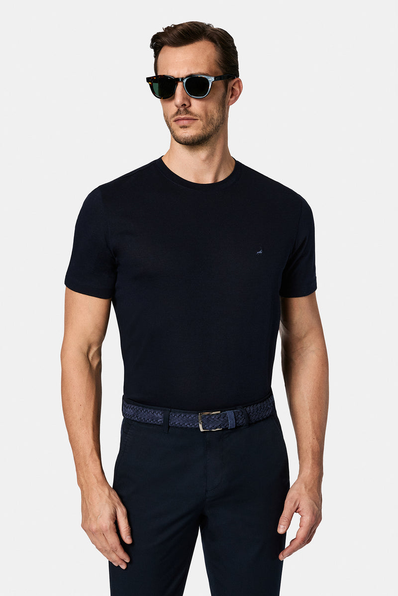 Koyu Lacivert Bisiklet Yaka Regular Fit Nak??l? Pamuklu Keten Kar???ml? Merserize Basic T-shirt-Abdullah Ki??l?