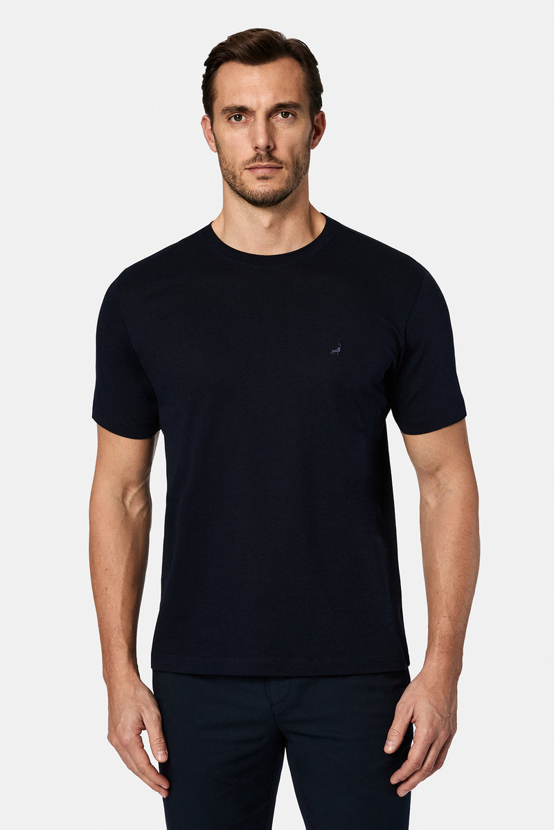 Koyu Lacivert Bisiklet Yaka Regular Fit Nak??l? Pamuklu Keten Kar???ml? Merserize Basic T-shirt-Abdullah Ki??l?