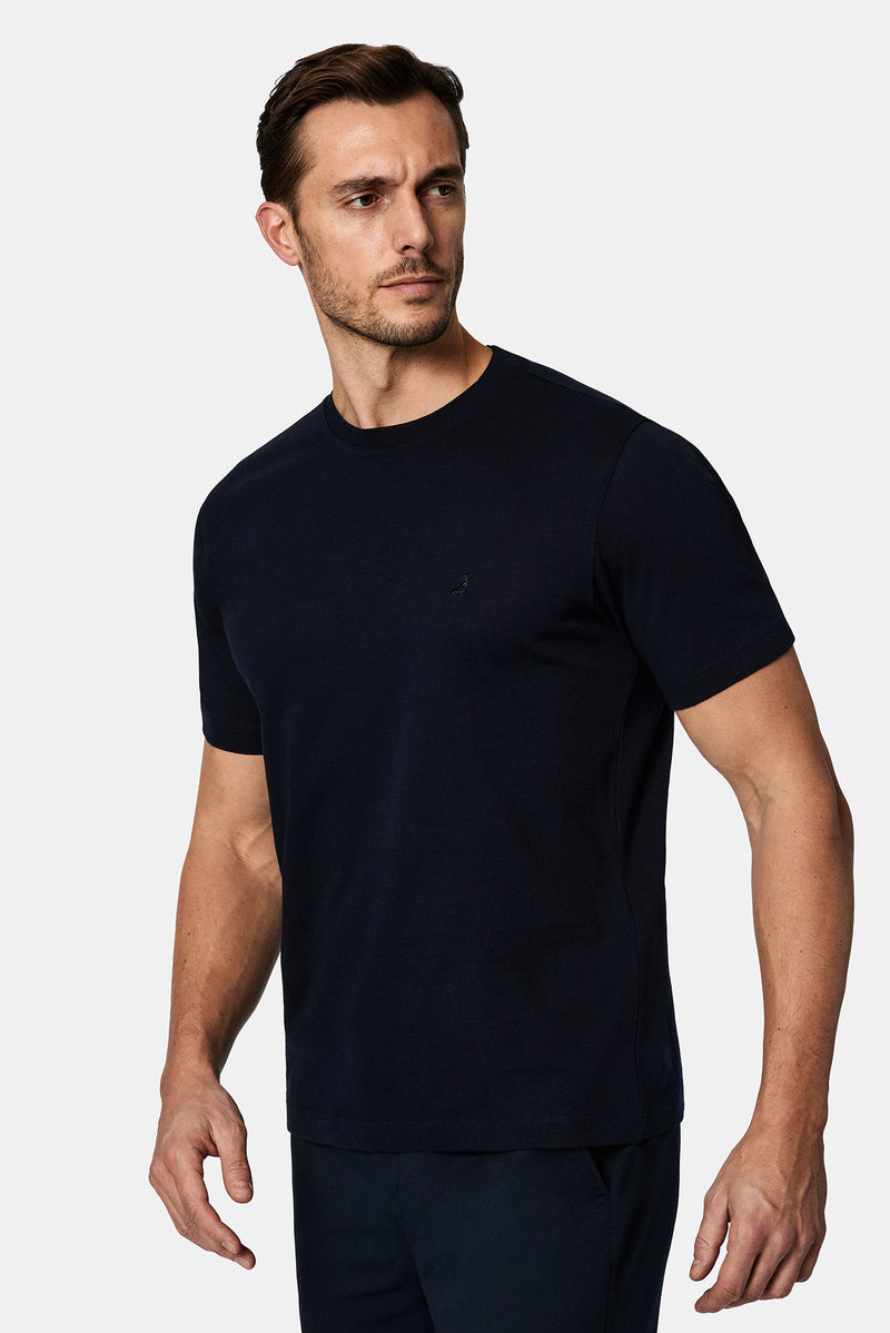 Koyu Lacivert Bisiklet Yaka Regular Fit Nak??l? Pamuklu Keten Kar???ml? Merserize Basic T-shirt-Abdullah Ki??l?