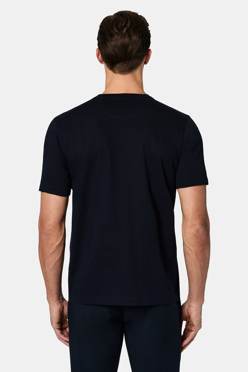 Koyu Lacivert Bisiklet Yaka Regular Fit Nak??l? Pamuklu Keten Kar???ml? Merserize Basic T-shirt-Abdullah Ki??l?