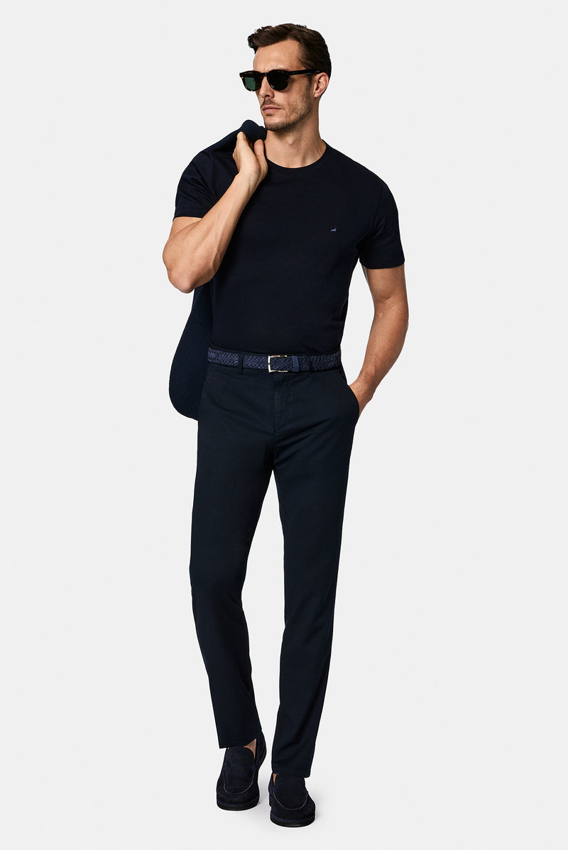 Koyu Lacivert Bisiklet Yaka Regular Fit Nak??l? Pamuklu Keten Kar???ml? Merserize Basic T-shirt-Abdullah Ki??l?