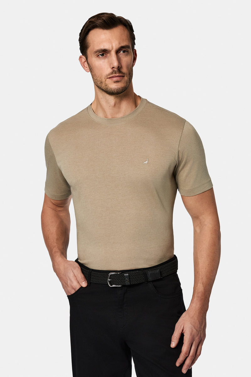 Ta? Bisiklet Yaka Regular Fit Nak??l? Pamuklu Keten Kar???ml? Merserize Basic T-shirt-Abdullah Ki??l?