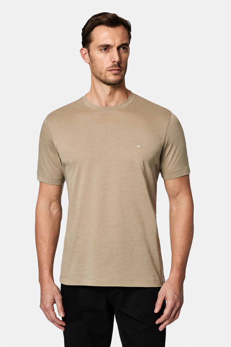 Ta? Bisiklet Yaka Regular Fit Nak??l? Pamuklu Keten Kar???ml? Merserize Basic T-shirt-Abdullah Ki??l?