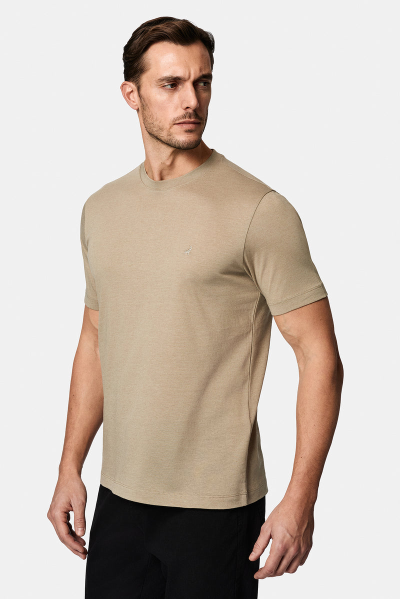 Ta? Bisiklet Yaka Regular Fit Nak??l? Pamuklu Keten Kar???ml? Merserize Basic T-shirt-Abdullah Ki??l?