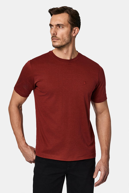 Kiremit Bisiklet Yaka Regular Fit Nak??l? Pamuklu Keten Kar???ml? Merserize Basic T-shirt-Abdullah Ki??l?