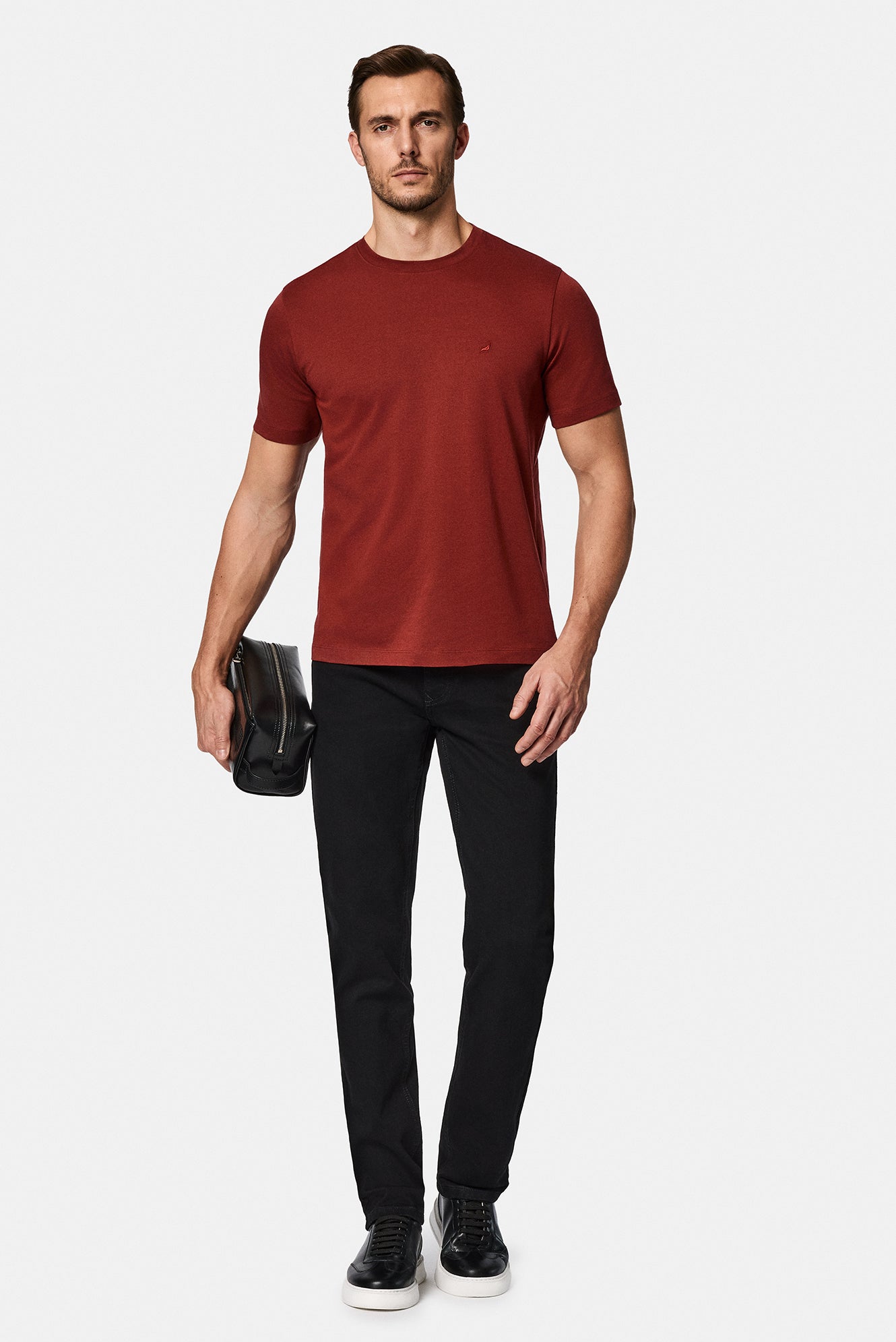 Kiremit Bisiklet Yaka Regular Fit Nak??l? Pamuklu Keten Kar???ml? Merserize Basic T-shirt-Abdullah Ki??l?