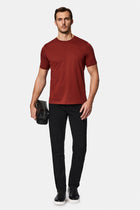 Kiremit Bisiklet Yaka Regular Fit Nak??l? Pamuklu Keten Kar???ml? Merserize Basic T-shirt-Abdullah Ki??l?