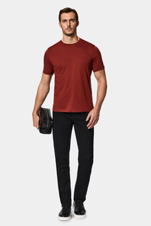 Kiremit Bisiklet Yaka Regular Fit Nak??l? Pamuklu Keten Kar???ml? Merserize Basic T-shirt-Abdullah Ki??l?