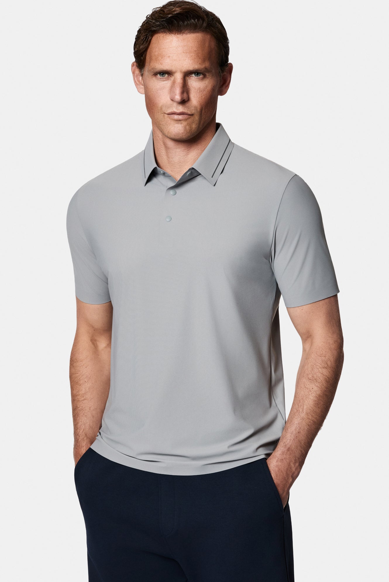 Orta Gri Çıtçıtlı Polo Yaka Regular Fit Esnek İz Yapmayan Dikişsiz T-shirt