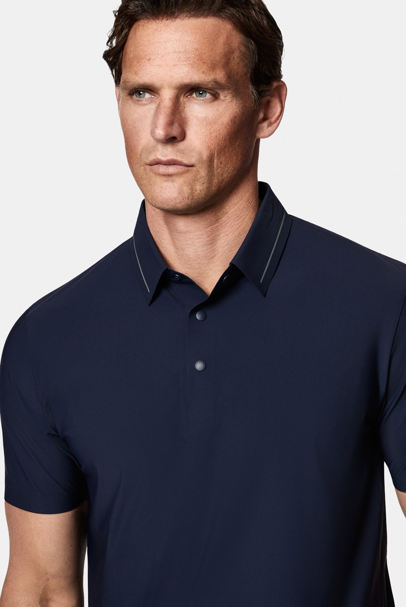Orta Lacivert Çıtçıtlı Polo Yaka Regular Fit Esnek İz Yapmayan Dikişsiz T-shirt