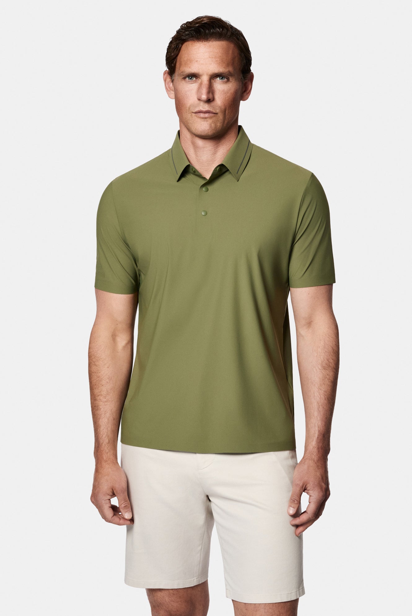 Orta Haki Çıtçıtlı Polo Yaka Regular Fit Esnek İz Yapmayan Dikişsiz T-shirt