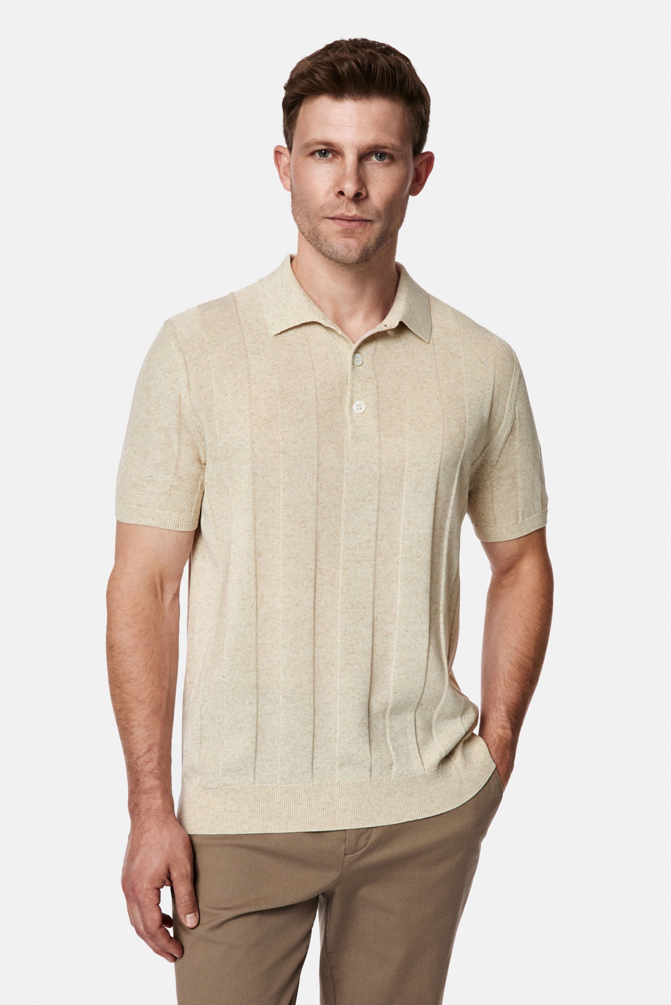 Orta Bej Regular Fit Lyocell Keten Karışımlı Düğmeli Polo Yaka Örme T-shirt