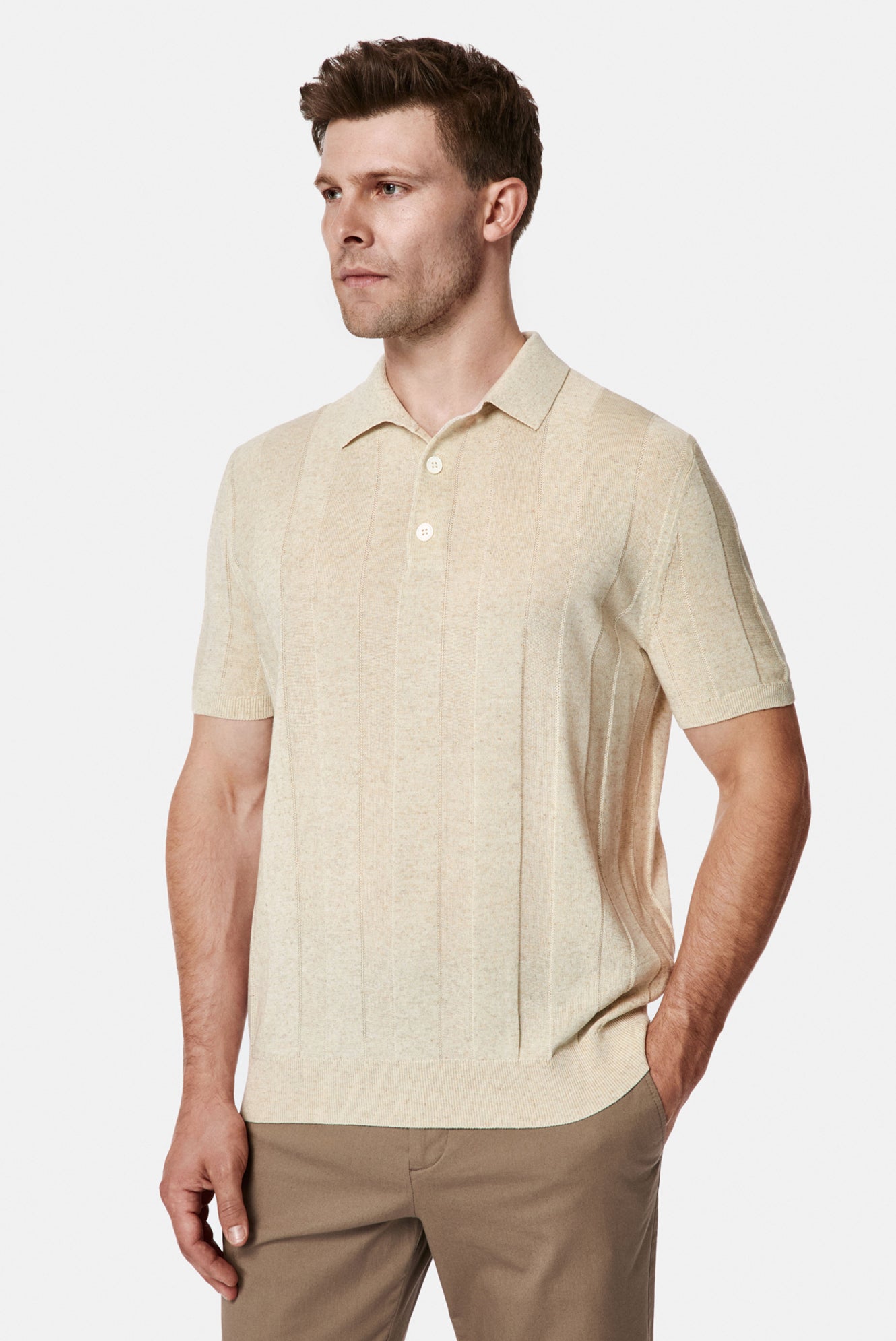 Orta Bej Regular Fit Lyocell Keten Karışımlı Düğmeli Polo Yaka Örme T-shirt