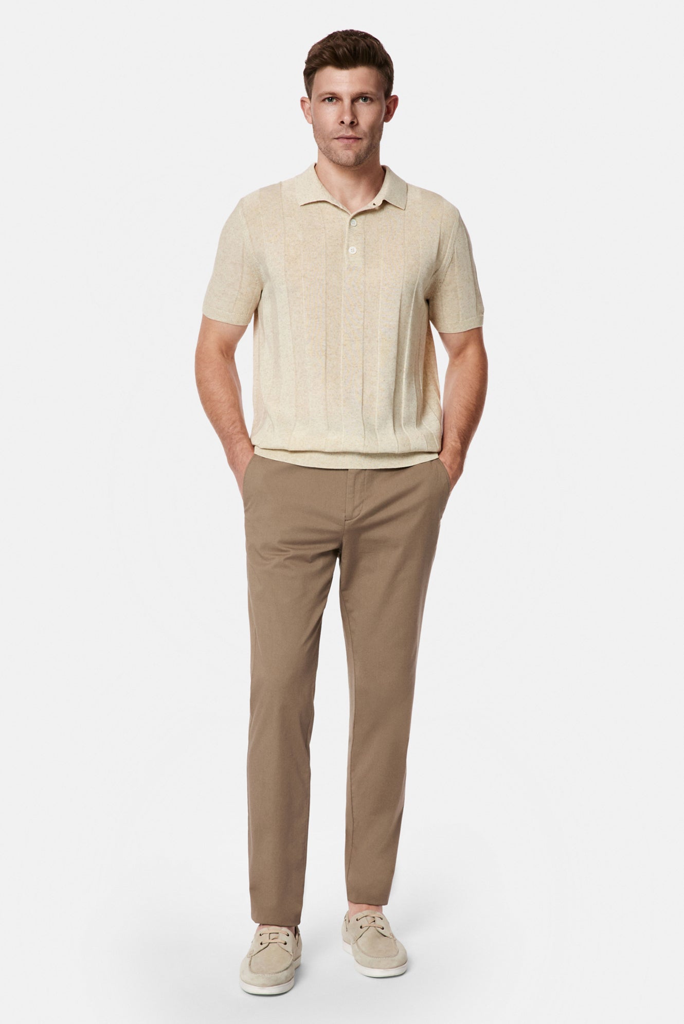 Orta Bej Regular Fit Lyocell Keten Karışımlı Düğmeli Polo Yaka Örme T-shirt