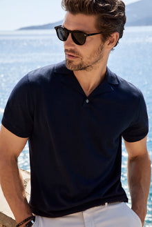 Orta Lacivert Regular Fit Lyocell İpek Karışımlı Düğmeli Polo Yaka T-shirt