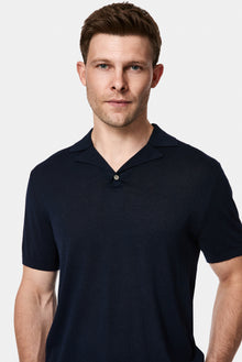 Orta Lacivert Regular Fit Lyocell İpek Karışımlı Düğmeli Polo Yaka T-shirt
