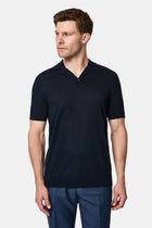 Orta Lacivert Regular Fit Lyocell İpek Karışımlı Düğmeli Polo Yaka T-shirt