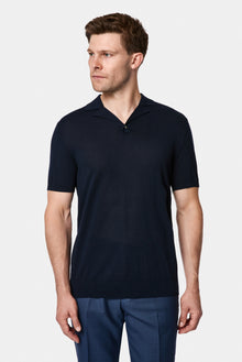 Orta Lacivert Regular Fit Lyocell İpek Karışımlı Düğmeli Polo Yaka T-shirt