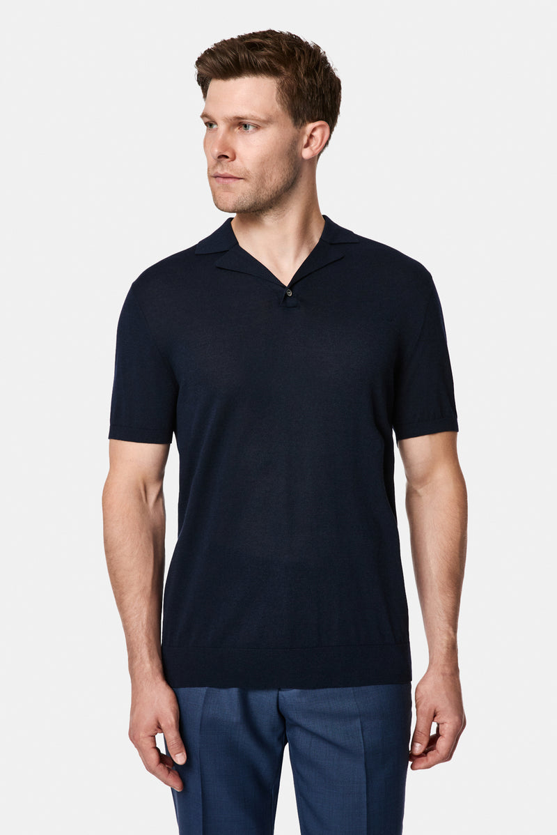 Orta Lacivert Regular Fit Lyocell İpek Karışımlı Düğmeli Polo Yaka T-shirt