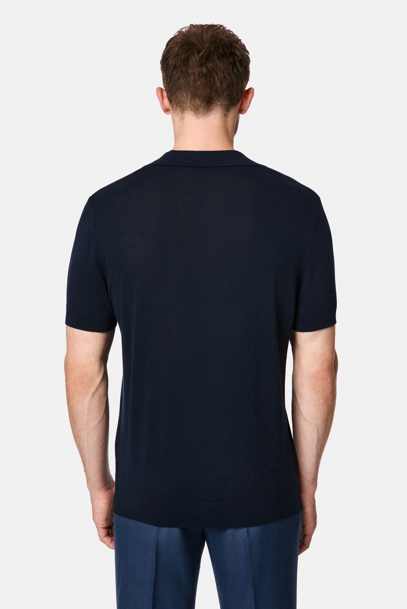 Orta Lacivert Regular Fit Lyocell İpek Karışımlı Düğmeli Polo Yaka T-shirt