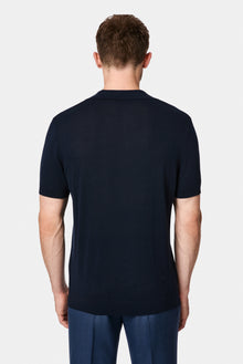 Orta Lacivert Regular Fit Lyocell İpek Karışımlı Düğmeli Polo Yaka T-shirt