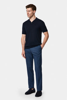 Orta Lacivert Regular Fit Lyocell İpek Karışımlı Düğmeli Polo Yaka T-shirt