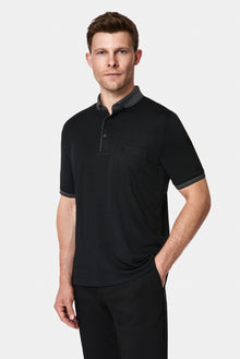 Siyah Regular Fit Düğmeli Polo Yaka Desenli Nakışlı Cepli Pamuklu T-shirt