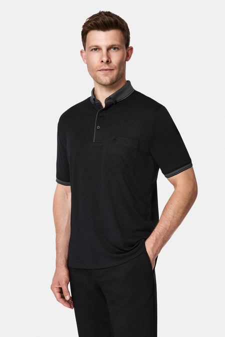 Siyah Regular Fit Düğmeli Polo Yaka Desenli Nakışlı Cepli Pamuklu T-shirt