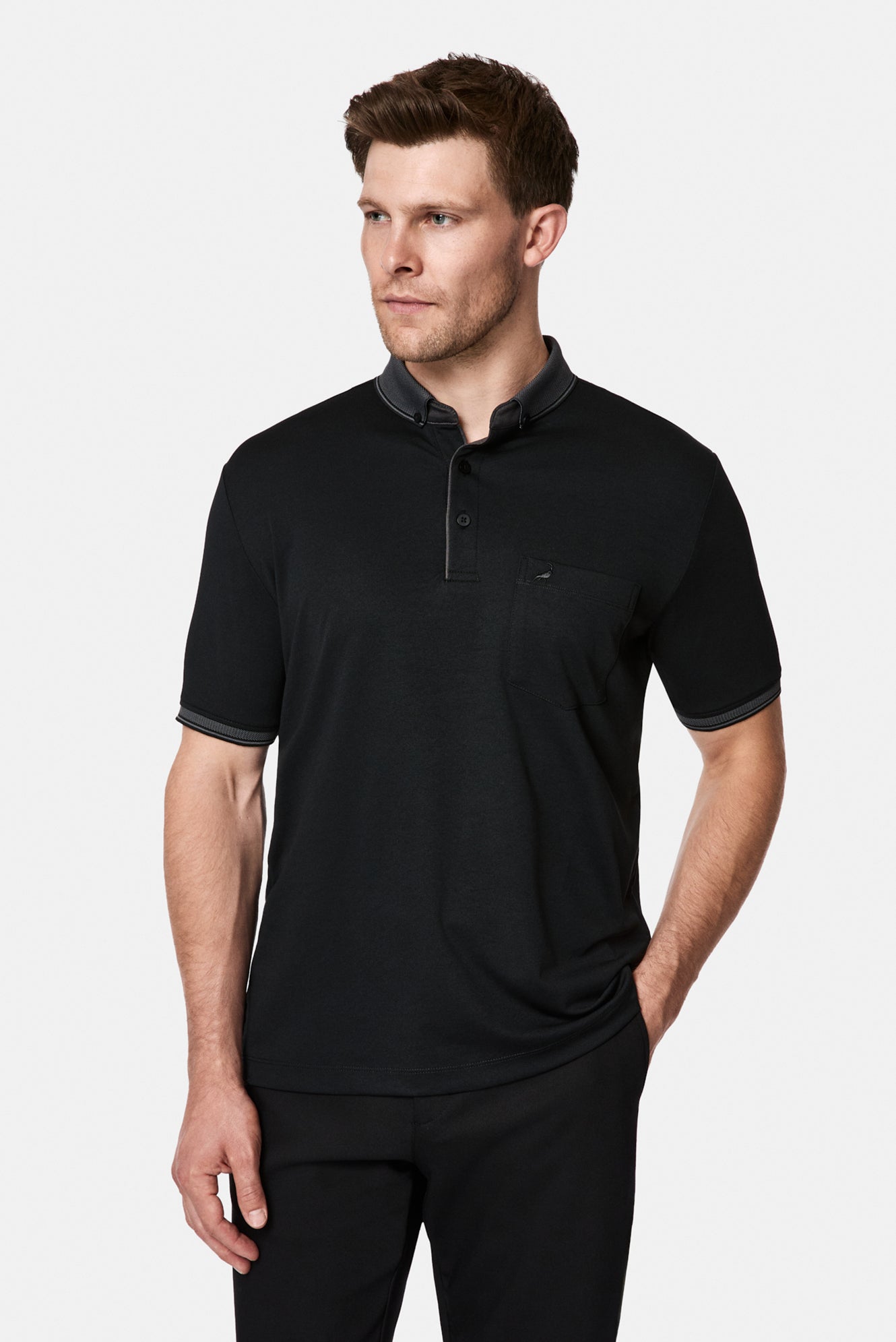 Siyah Regular Fit Düğmeli Polo Yaka Desenli Nakışlı Cepli Pamuklu T-shirt