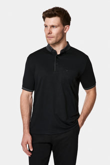 Siyah Regular Fit Düğmeli Polo Yaka Desenli Nakışlı Cepli Pamuklu T-shirt