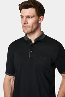 Siyah Regular Fit Düğmeli Polo Yaka Desenli Nakışlı Cepli Pamuklu T-shirt