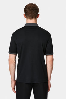 Siyah Regular Fit Düğmeli Polo Yaka Desenli Nakışlı Cepli Pamuklu T-shirt