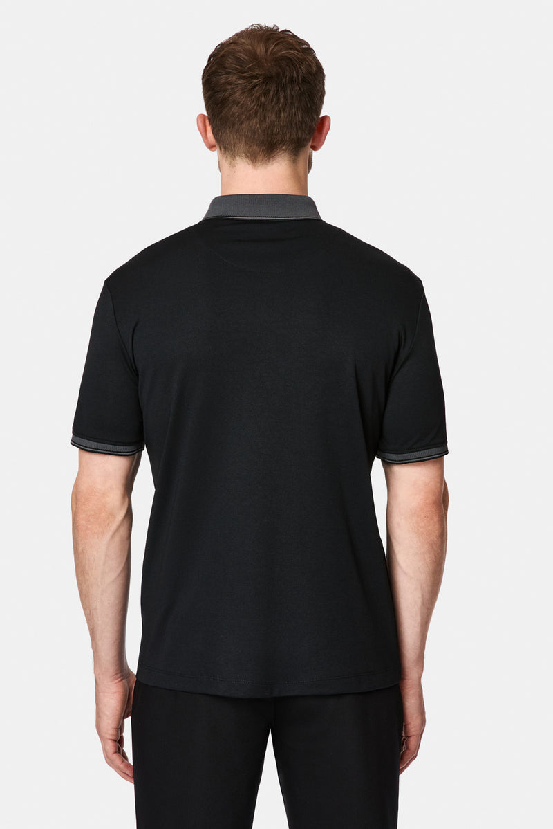 Siyah Regular Fit Düğmeli Polo Yaka Desenli Nakışlı Cepli Pamuklu T-shirt