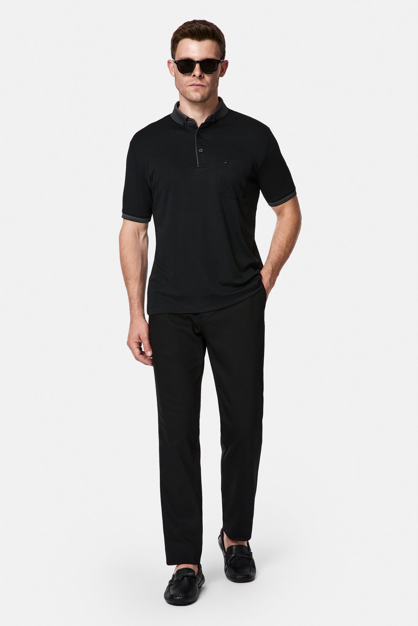 Siyah Regular Fit Düğmeli Polo Yaka Desenli Nakışlı Cepli Pamuklu T-shirt