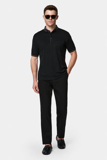 Siyah Regular Fit Düğmeli Polo Yaka Desenli Nakışlı Cepli Pamuklu T-shirt