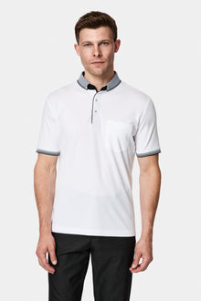 Beyaz Regular Fit Düğmeli Polo Yaka Desenli Nakışlı Cepli Pamuklu T-shirt