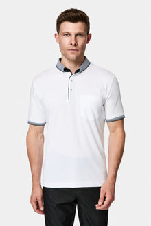 Beyaz Regular Fit Düğmeli Polo Yaka Desenli Nakışlı Cepli Pamuklu T-shirt