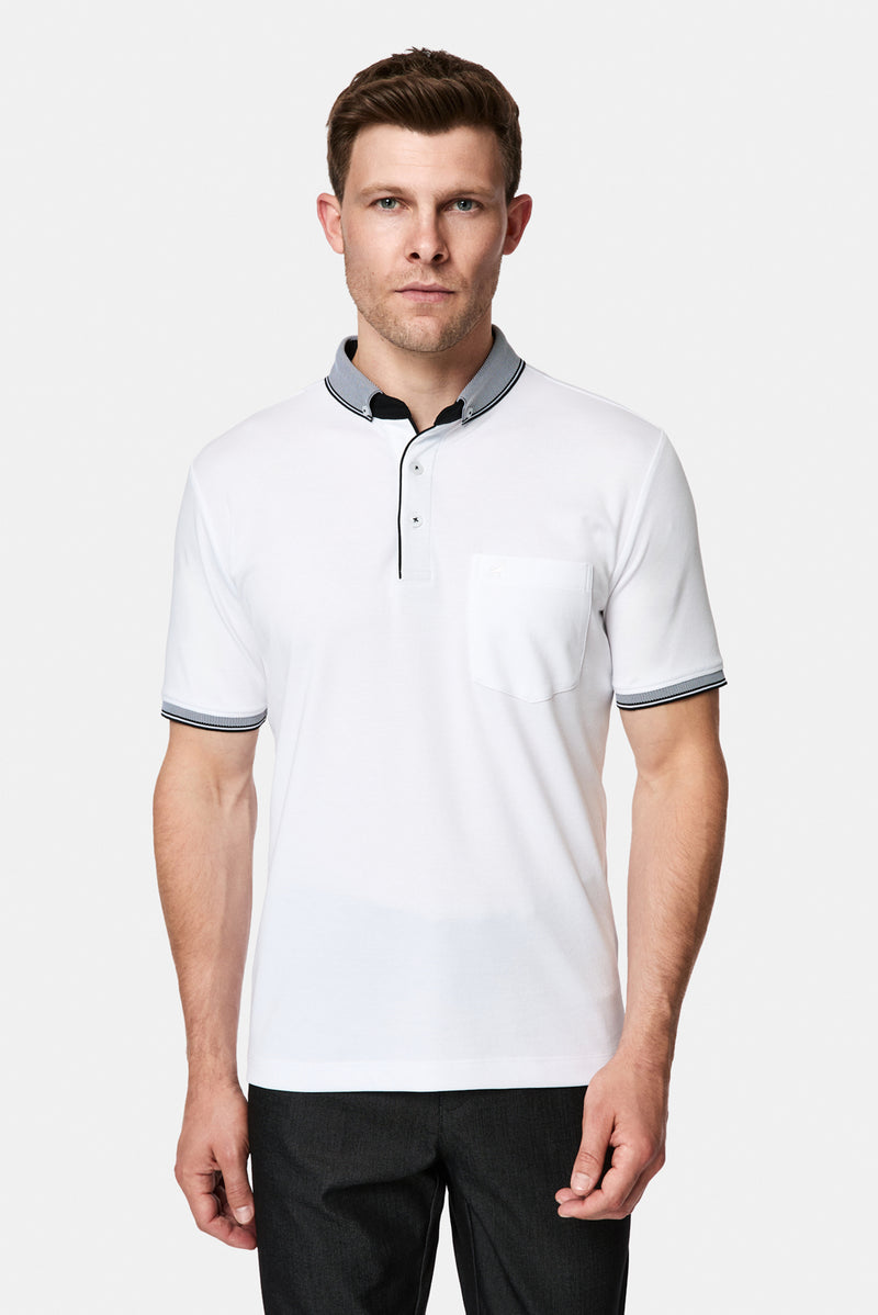 Beyaz Regular Fit Düğmeli Polo Yaka Desenli Nakışlı Cepli Pamuklu T-shirt