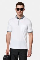 Beyaz Regular Fit Düğmeli Polo Yaka Desenli Nakışlı Cepli Pamuklu T-shirt