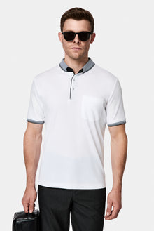 Beyaz Regular Fit Düğmeli Polo Yaka Desenli Nakışlı Cepli Pamuklu T-shirt