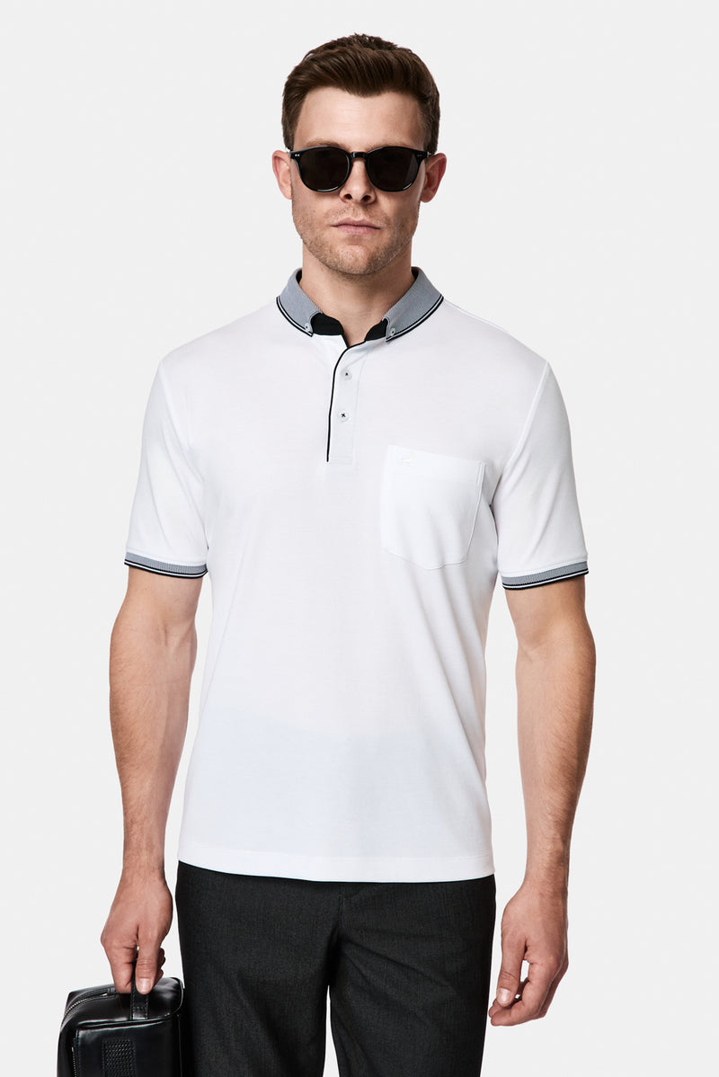 Beyaz Regular Fit Düğmeli Polo Yaka Desenli Nakışlı Cepli Pamuklu T-shirt