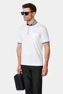Beyaz Regular Fit Düğmeli Polo Yaka Desenli Nakışlı Cepli Pamuklu T-shirt