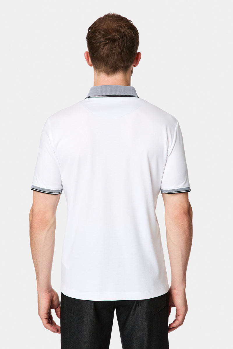 Beyaz Regular Fit Düğmeli Polo Yaka Desenli Nakışlı Cepli Pamuklu T-shirt