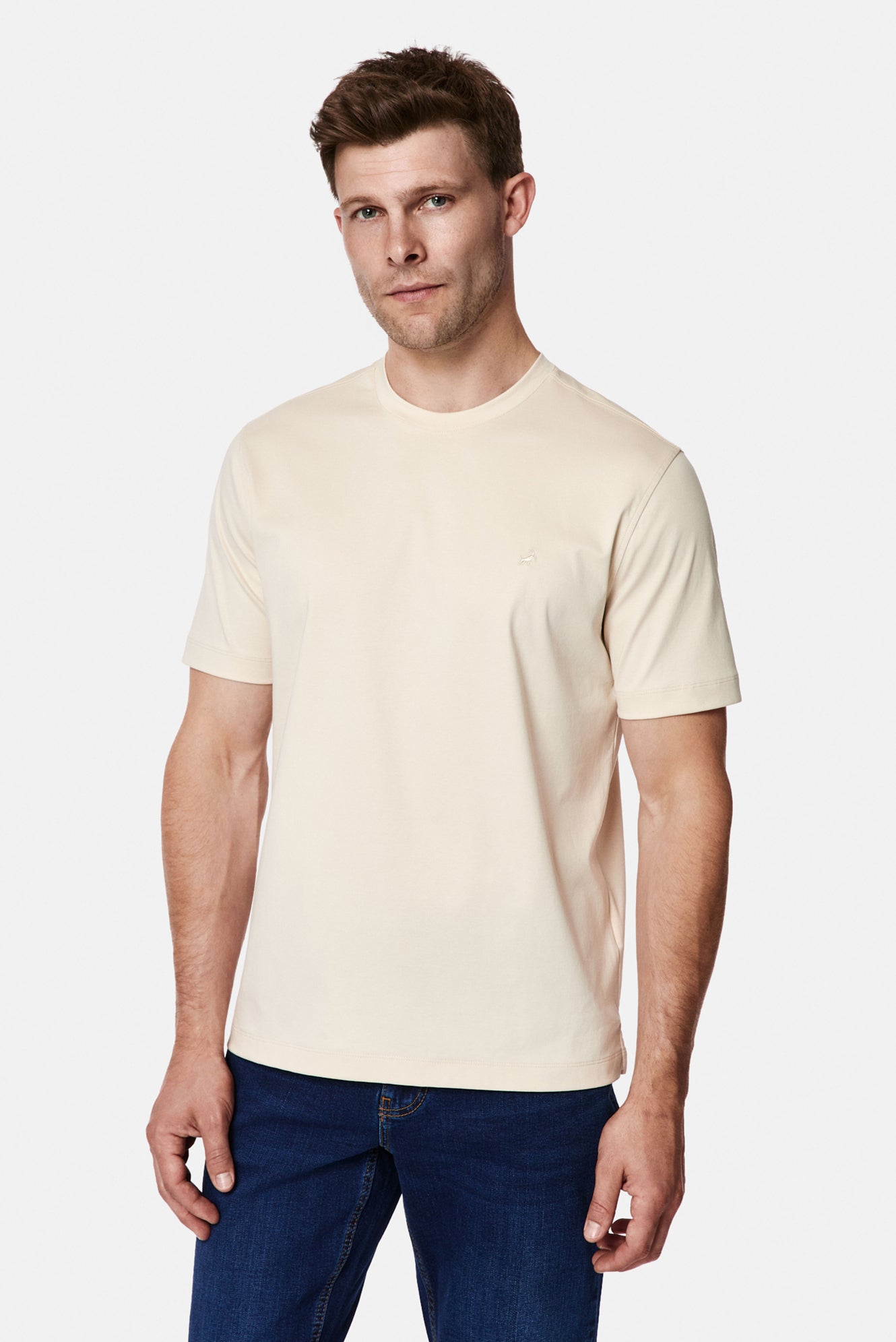 Açık Bej Bisiklet Yaka Regular Fit Nakışlı %100 Pamuk Basic T-shirt