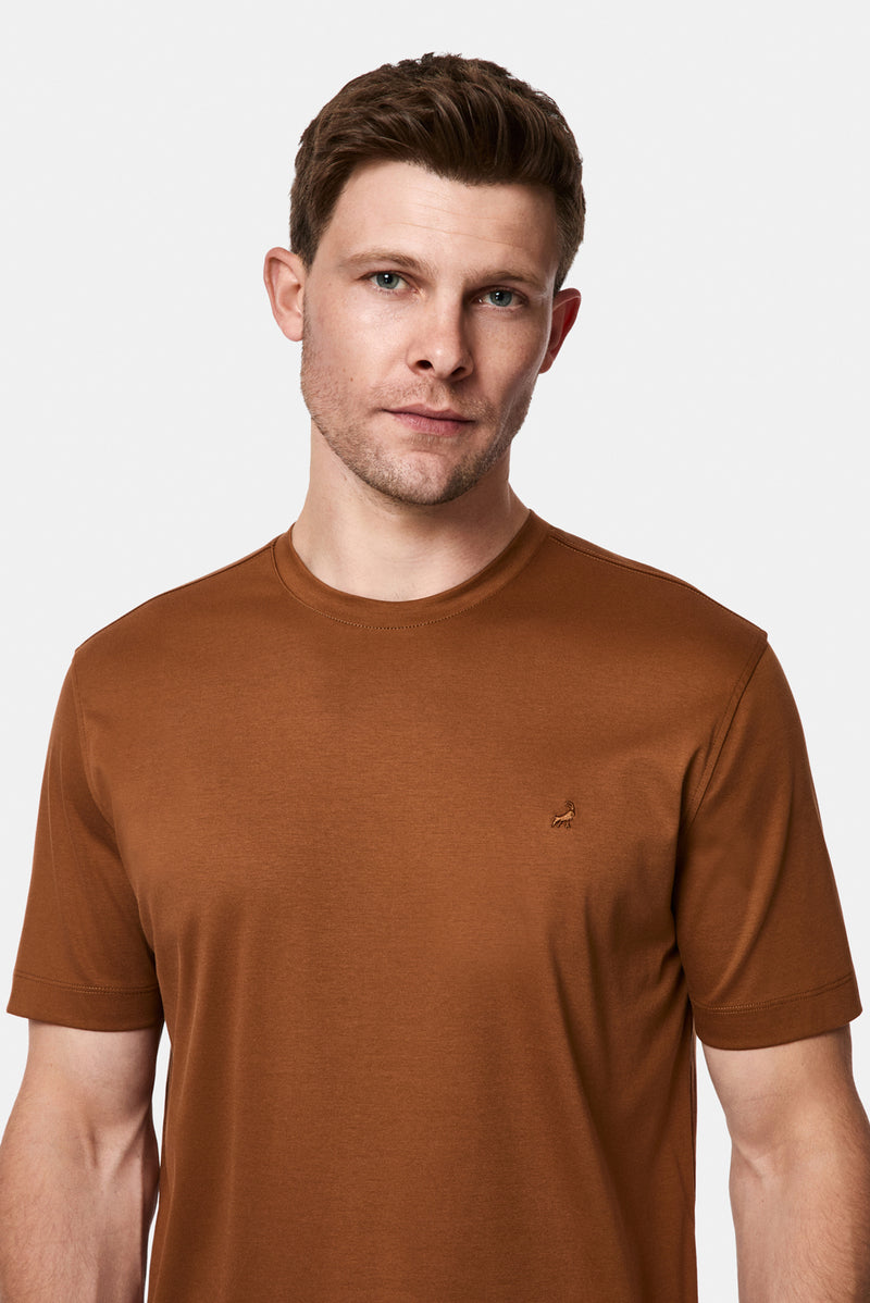 Taba Bisiklet Yaka Regular Fit Nakışlı %100 Pamuk Basic T-shirt