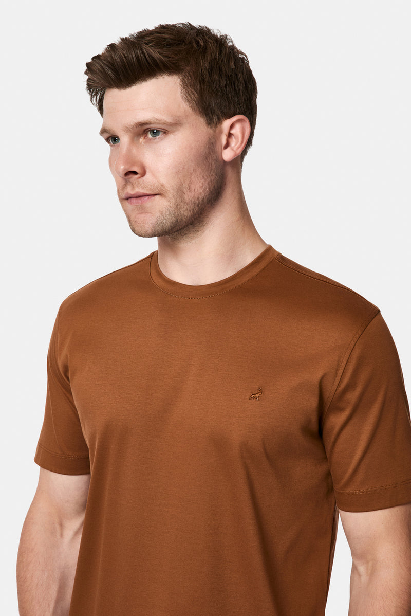 Taba Bisiklet Yaka Regular Fit Nakışlı %100 Pamuk Basic T-shirt