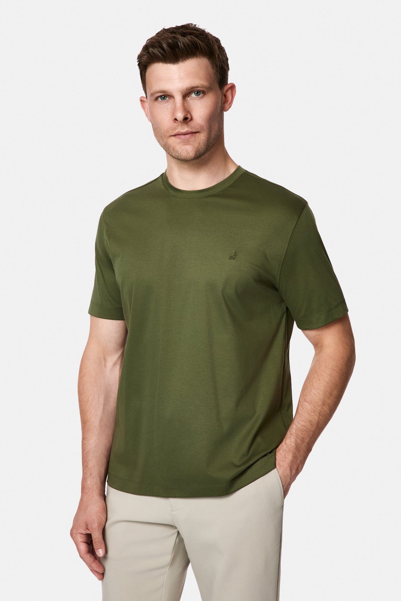 Orta Haki Bisiklet Yaka Regular Fit Nakışlı %100 Pamuk Basic T-shirt